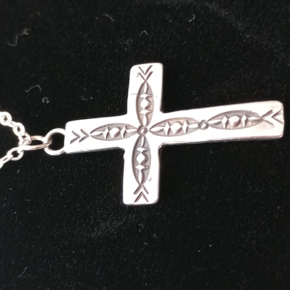 Handmade Jewelry - Sterling Silver Stamped Cross Pendant Necklace Signed